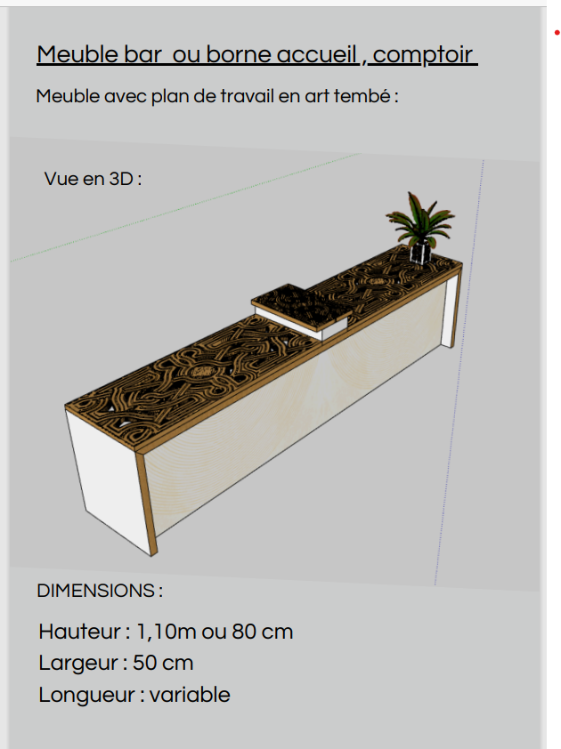 Meuble bar borne accueil, comptoir. Pour toute information supplémentaire veuillez nous contacter s'il vous plaît. car le prix varie selon la qualité du bois choisi, ce modèle sont disponibles que sur commande.