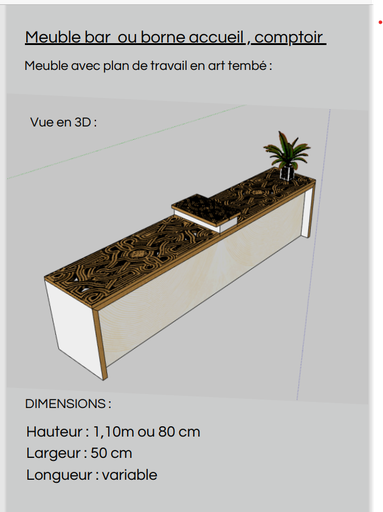 Meuble bar borne accueil, comptoir. Pour toute information supplémentaire veuillez nous contacter s'il vous plaît. car le prix varie selon la qualité du bois choisi, ce modèle sont disponibles que sur commande.